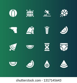 closeup icon set. Collection of 16 filled closeup icons included Watermelon, Blood drop, Diaper, Sandclock, Carrot, Frog, Caulk gun, Football, Ball