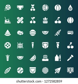 closeup icon set. Collection of 36 filled closeup icons included Football, Watermelon, Ball, Diaper, Tennis ball, Peas, Carrot, Cutting board, Cherry, Caulk gun, Balls, Fern, Tongue depressor