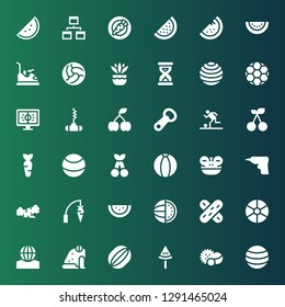 closeup icon set. Collection of 36 filled closeup icons included Ball, Balls, Watermelon, Frog, Tongue depressor, Carrot, Caulk gun, Cherry, Football, Bottle opener, Sandclock