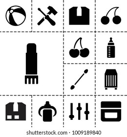 Closeup Icons. Set Of 13 Editable Filled Closeup Icons Such As Beach Ball, Cream, Cotton Buds, Cherry, Adjust, Cargo Container, Screwdriver, Glue Pen, Cherry