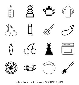 Closeup icons. set of 16 editable outline closeup icons such as chess king, carrot, cherry, toilet brush, aubergine, medical mask, glue pen, camera shutter, teapot