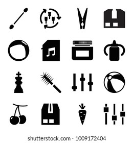 Closeup Icons. Set Of 16 Editable Filled Closeup Icons Such As Harvest, Cherry, Baby Bottle, Beach Ball, Cotton Buds, Adjust, Cargo Container, Memory Card With Music