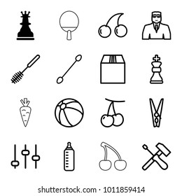 Closeup Icons. Set Of 16 Editable Outline Closeup Icons Such As Chess King, Cherry, Baby Bottle, Beach Ball, Cotton Buds, Security Guy, Cherry, Toilet Brush, Adjust