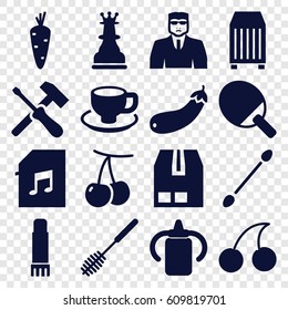 Closeup icons set. set of 16 closeup filled icons such as carrot, cherry, baby bottle, cotton buds, security guy, Cherry, toilet brush, coffee cup, aubergine, cargo container