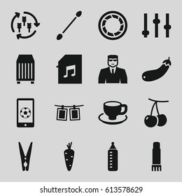 Closeup icons set. set of 16 closeup filled icons such as harvest, carrot, cherry, baby bottle, cotton buds, security guy, coffee cup, aubergine, cargo container