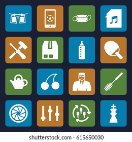 Closeup icons set. set of 16 closeup filled icons such as harvest, baby bottle, security guy, Cherry, toilet brush, cargo container, medical mask, memory card with music