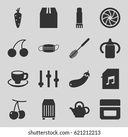 Closeup icons set. set of 16 closeup filled icons such as carrot, cherry, baby bottle, cream, Cherry, toilet brush, coffee cup, aubergine, cargo container, medical mask