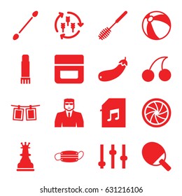 Closeup Icons Set. Set Of 16 Closeup Filled Icons Such As Harvest, Beach Ball, Cream, Cotton Buds, Security Guy, Cherry, Toilet Brush, Aubergine, Medical Mask