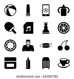 Closeup icons set. set of 16 closeup filled icons such as baby bottle, beach ball, cream, security guy, Cherry, coffee cup, cargo container, medical mask