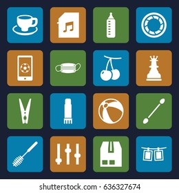 Closeup Icons Set. Set Of 16 Closeup Filled Icons Such As Cherry, Baby Bottle, Beach Ball, Cotton Buds, Toilet Brush, Coffee Cup, Cargo Container, Medical Mask