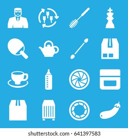 Closeup icons set. set of 16 closeup filled icons such as harvest, baby bottle, cream, cotton buds, security guy, toilet brush, coffee cup, aubergine, cargo container