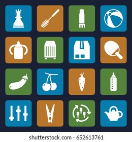Closeup icons set. set of 16 closeup filled icons such as harvest, carrot, cherry, baby bottle, beach ball, toilet brush, aubergine, cargo container, glue pen, cloth pin