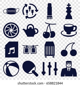 Closeup icons set. set of 16 closeup filled icons such as harvest, cherry, beach ball, security guy, cherry, coffee cup, cargo container, medical mask, memory card with music