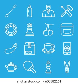 Closeup icons set. set of 16 closeup outline icons such as cherry, baby bottle, cream, cotton buds, security guy, coffee cup, aubergine, cargo container, camera shutter