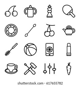 Closeup Icons Set. Set Of 16 Closeup Outline Icons Such As Carrot, Cherry, Baby Bottle, Beach Ball, Cotton Buds, Cherry, Toilet Brush, Coffee Cup, Glue Pen, Camera Shutter