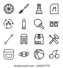 Closeup icons set. set of 16 closeup outline icons such as harvest, beach ball, cream, cotton buds, cherry, toilet brush, cargo container, medical mask, memory card with music