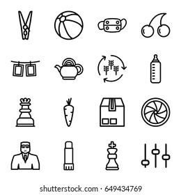 Closeup icons set. set of 16 closeup outline icons such as harvest, carrot, baby bottle, beach ball, security guy, cherry, cargo container, medical mask, glue pen