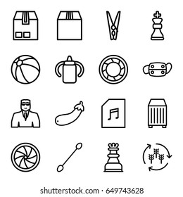 Closeup icons set. set of 16 closeup outline icons such as harvest, baby bottle, beach ball, cotton buds, security guy, aubergine, cargo container, medical mask