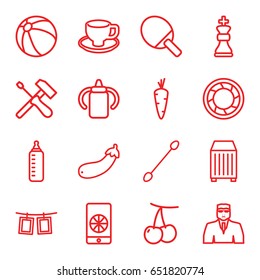 Closeup icons set. set of 16 closeup outline icons such as carrot, cherry, baby bottle, beach ball, cotton buds, security guy, coffee cup, aubergine, cargo container