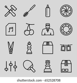 Closeup icons set. set of 16 closeup outline icons such as cherry, baby bottle, security guy, toilet brush, cargo container, memory card with music, camera shutter, cloth pin