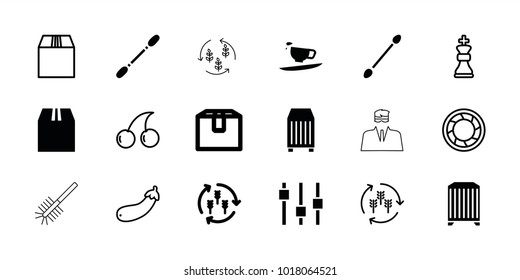 Closeup icons. set of 18 editable filled and outline closeup icons: harvest, cotton buds, cargo container, cherry, aubergine, camera shutter, chess king, adjust, security guy