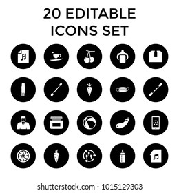 Closeup icons. set of 20 editable filled closeup icons such as harvest, carrot, cherry, beach ball, cotton buds, security guy. best quality closeup elements in trendy style.