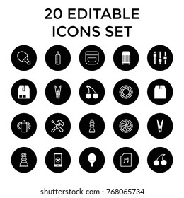 Closeup icons. set of 20 editable filled and outline closeup icons such as cherry, cargo container, cloth pin, football on phone, baby bottle, cream, ping pong racket