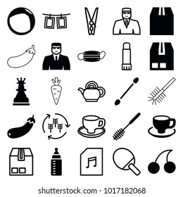 Closeup icons. set of 25 editable filled and outline closeup icons such as cotton buds, security guy, cherry, toilet brush, coffee cup, aubergine, cargo container