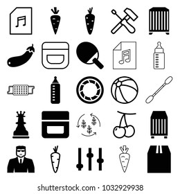 Closeup icons. set of 25 editable filled and outline closeup icons such as carrot, baby bottle, cream, security guy, adjust, ping pong racket, aubergine, cargo container