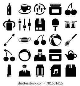 Closeup Icons. Set Of 25 Editable Filled Closeup Icons Such As Harvest, Baby Bottle, Beach Ball, Cream, Cotton Buds, Security Guy, Cherry, Toilet Brush, Coffee Cup