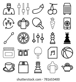 Closeup Icons. Set Of 25 Editable Outline Closeup Icons Such As Chess King, Harvest, Cherry, Baby Bottle, Beach Ball, Cotton Buds, Security Guy, Adjust, Coffee Cup