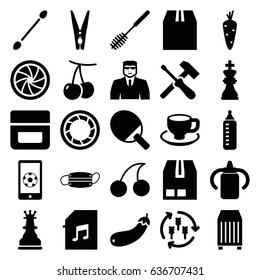 Closeup icons set. set of 25 closeup filled icons such as harvest, carrot, cherry, baby bottle, cream, cotton buds, security guy, cherry, toilet brush, coffee cup, aubergine