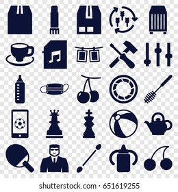 Closeup Icons Set. Set Of 25 Closeup Filled Icons Such As Harvest, Cherry, Baby Bottle, Beach Ball, Cotton Buds, Security Guy, Cherry, Toilet Brush, Coffee Cup