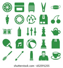 Closeup icons set. set of 25 closeup filled icons such as harvest, carrot, baby bottle, beach ball, cream, cotton buds, security guy, cherry, toilet brush, coffee cup