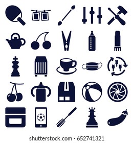 Closeup Icons Set. Set Of 25 Closeup Filled Icons Such As Harvest, Cherry, Baby Bottle, Beach Ball, Cream, Cotton Buds, Cherry, Toilet Brush, Coffee Cup, Aubergine