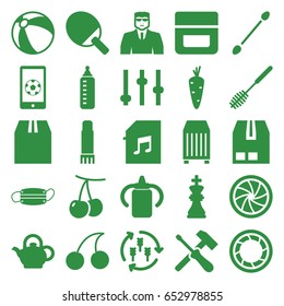 Closeup Icons Set. Set Of 25 Closeup Filled Icons Such As Harvest, Carrot, Cherry, Baby Bottle, Beach Ball, Cream, Cotton Buds, Security Guy, Cherry, Toilet Brush