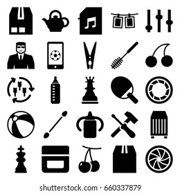 Closeup icons set. set of 25 closeup filled icons such as harvest, cherry, baby bottle, beach ball, cream, cotton buds, security guy, cherry, toilet brush, cargo container