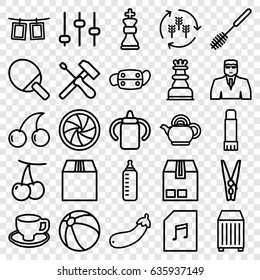 Closeup icons set. set of 25 closeup outline icons such as harvest, cherry, baby bottle, beach ball, security guy, cherry, toilet brush, coffee cup, aubergine, cargo container