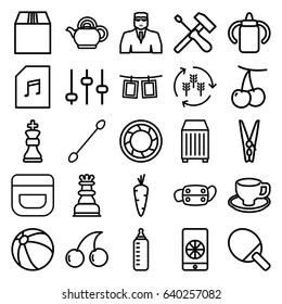 Closeup Icons Set. Set Of 25 Closeup Outline Icons Such As Harvest, Carrot, Cherry, Baby Bottle, Beach Ball, Cream, Cotton Buds, Security Guy, Cherry, Coffee Cup