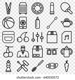 Closeup Icons Set. Set Of 25 Closeup Outline Icons Such As Carrot, Cherry, Baby Bottle, Beach Ball, Cream, Cotton Buds, Security Guy, Cherry, Toilet Brush, Cargo Container