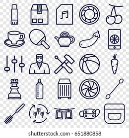 Closeup icons set. set of 25 closeup outline icons such as harvest, carrot, cherry, baby bottle, beach ball, cream, cotton buds, security guy, toilet brush, coffee cup
