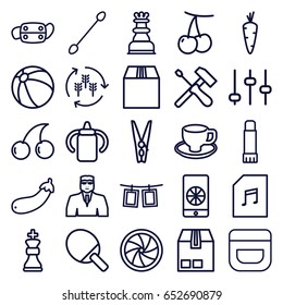 Closeup icons set. set of 25 closeup outline icons such as harvest, carrot, cherry, baby bottle, beach ball, cream, cotton buds, security guy, cherry, coffee cup, aubergine