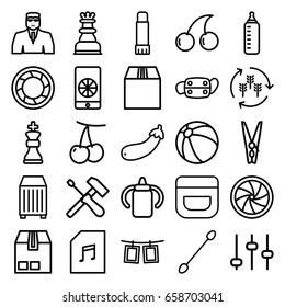 Closeup Icons Set. Set Of 25 Closeup Outline Icons Such As Harvest, Cherry, Baby Bottle, Beach Ball, Cream, Cotton Buds, Security Guy, Cherry, Aubergine, Cargo Container