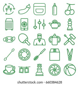 Closeup icons set. set of 25 closeup outline icons such as harvest, cherry, baby bottle, beach ball, cream, cotton buds, security guy, toilet brush, coffee cup, aubergine