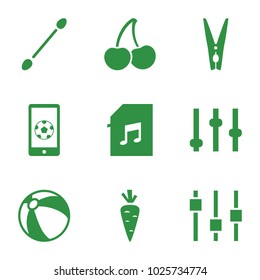 Closeup icons. set of 9 editable filled closeup icons such as beach ball, cotton buds, adjust, memory card with music, cloth pin, football on phone, carrot