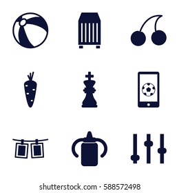 closeup icons set. Set of 9 closeup filled icons such as carrot, baby bottle, beach ball, Cherry, cargo container, photos on rope, football on phone, chess king
