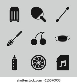 Closeup icons set. set of 9 closeup filled icons such as baby bottle, cotton buds, Cherry, toilet brush, cargo container, medical mask, memory card with music, camera shutter