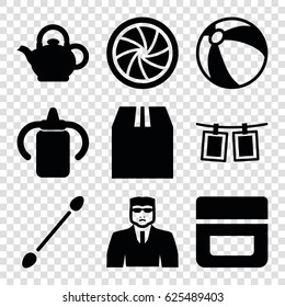 Closeup Icons Set. Set Of 9 Closeup Filled Icons Such As Baby Bottle, Beach Ball, Cream, Cotton Buds, Security Guy, Cargo Container, Camera Shutter, Photos On Rope