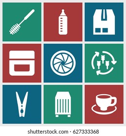 Closeup icons set. set of 9 closeup filled icons such as harvest, baby bottle, cream, toilet brush, coffee cup, cargo container, camera shutter