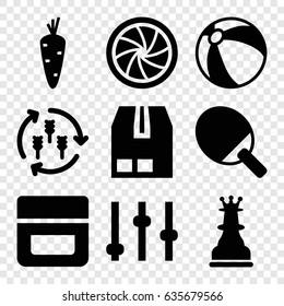 Closeup icons set. set of 9 closeup filled icons such as harvest, carrot, beach ball, cream, cargo container, camera shutter, chess king, adjust